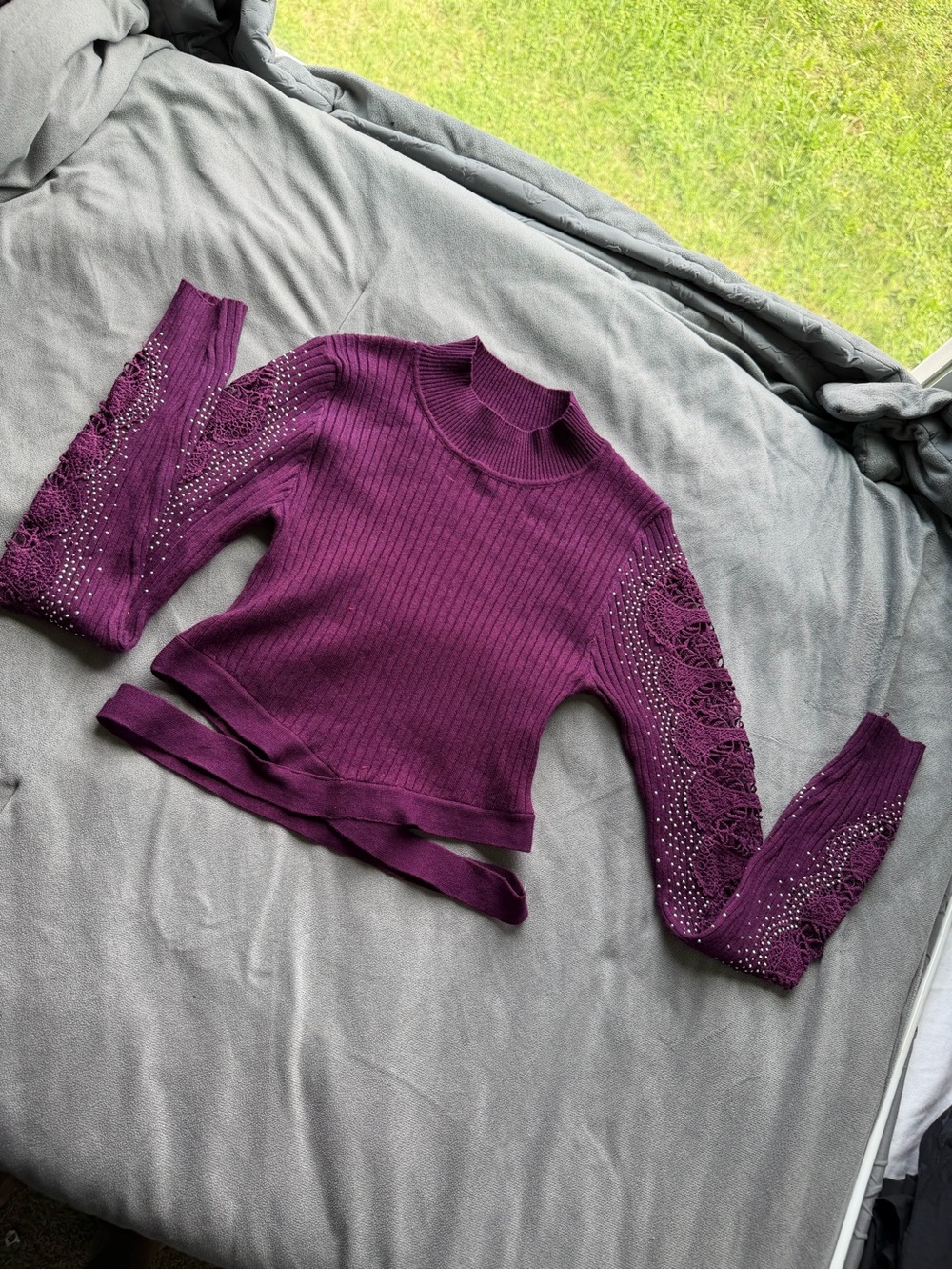 Sweet Rain Purple Ribbed Mock-Neck Sweater with Embellished Lace Sleeves